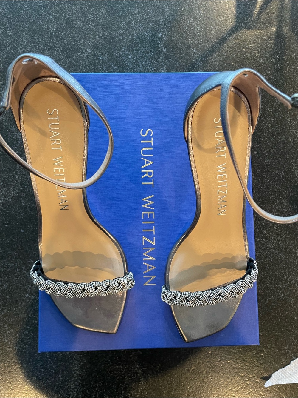 Stuart Weitzman Gunmetal Ankle-Strap Evening Sandals
